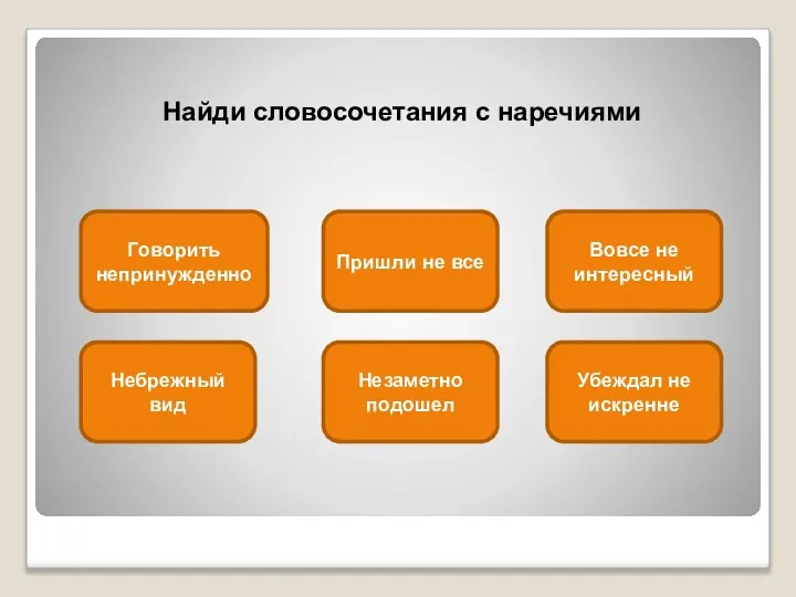 Найди словосочетания с наречиями Говорить непринужденно Незаметно подошел Убеждал не искренне Небрежный