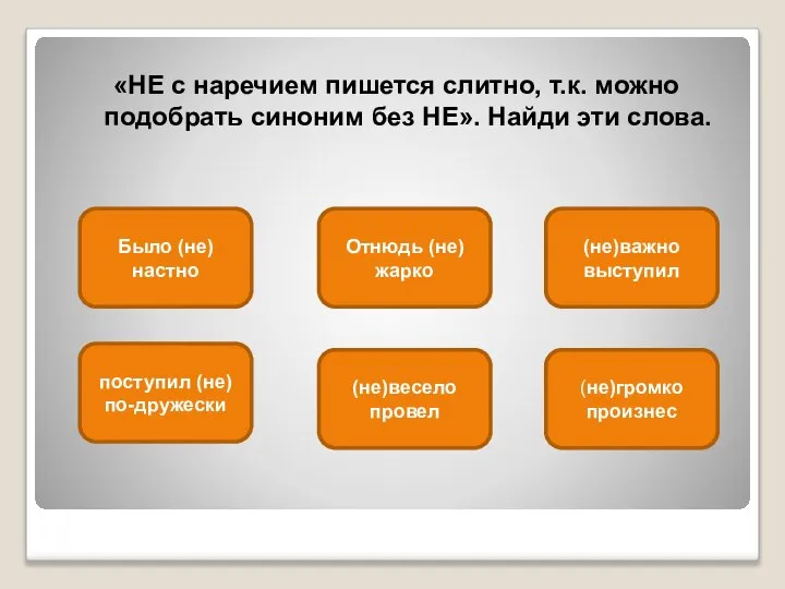 «НЕ с наречием пишется слитно, т.к. можно подобрать синоним без НЕ». Найди