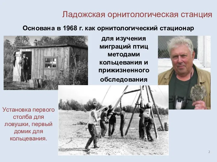 Основана в 1968 г. как орнитологический стационар Установка первого столба для ловушки,