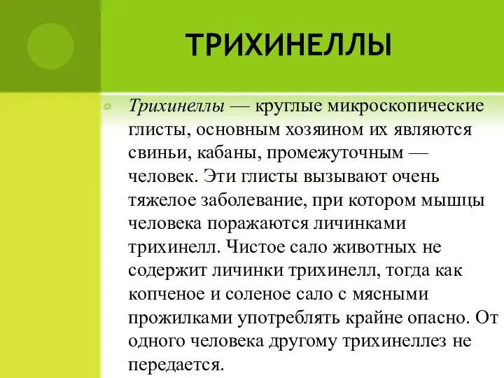 ТРИХИНЕЛЛЫ Трихинеллы — круглые микроскопичес­кие глисты, основным хозяином их являются свиньи, кабаны,