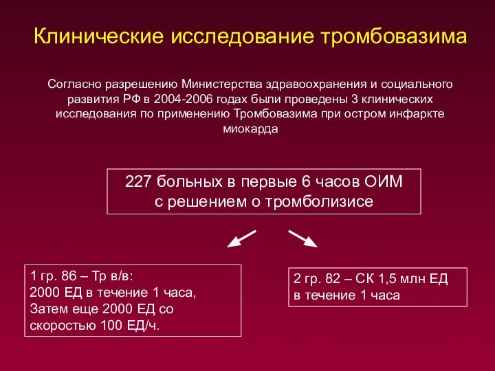 Клинические исследование тромбовазима 227 больных в первые 6 часов ОИМ с решением