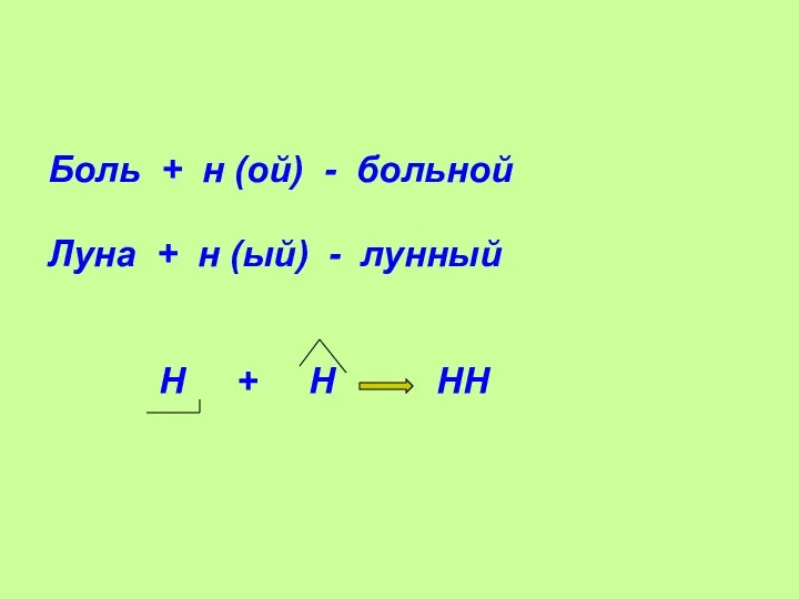 Боль + н (ой) - больной Луна + н (ый) - лунный Н + Н НН