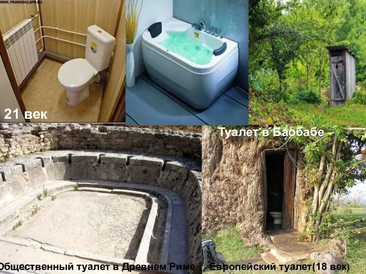 21 век Туалет в Баобабе Общественный туалет в Древнем Риме Европейский туалет(18 век)