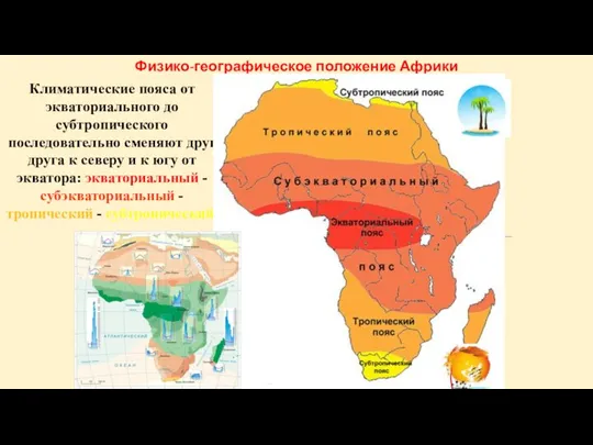 Физико-географическое положение Африки Климатические пояса от экваториального до субтропического последовательно сменяют друг