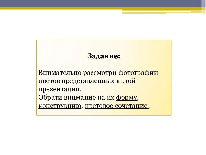 Задание: Внимательно рассмотри фотографии цветов представленных в этой презентации. Обрати внимание на