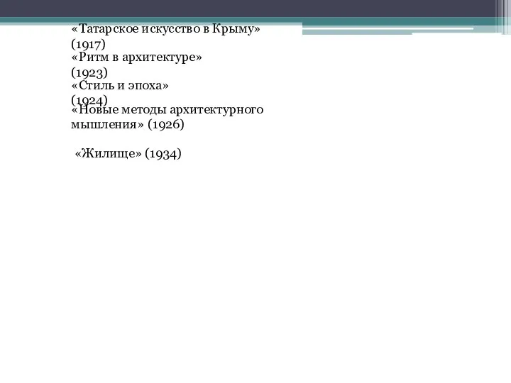 «Татарское искусство в Крыму» (1917) «Ритм в архитектуре» (1923) «Стиль и эпоха»