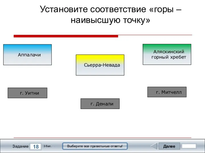 Далее 18 Задание 3 бал. Выберите все правильные ответы! Аппалачи Сьерра-Невада Аляскинский