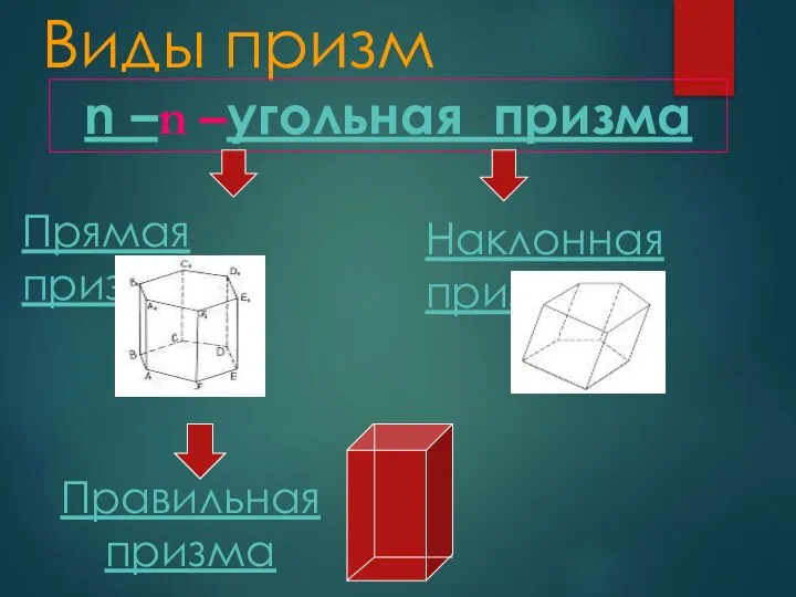 Виды призм n –n –угольная призма Прямая призма Наклонная призма Правильная призма