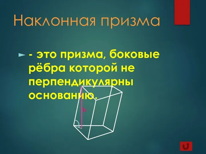 Наклонная призма - это призма, боковые рёбра которой не перпендикулярны основанию.