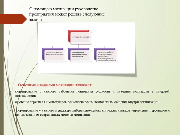 С помощью мотивации руководство предприятия может решать следующие задачи Основными задачами мотивации