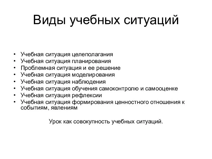 Виды учебных ситуаций Учебная ситуация целеполагания Учебная ситуация планирования Проблемная ситуация и