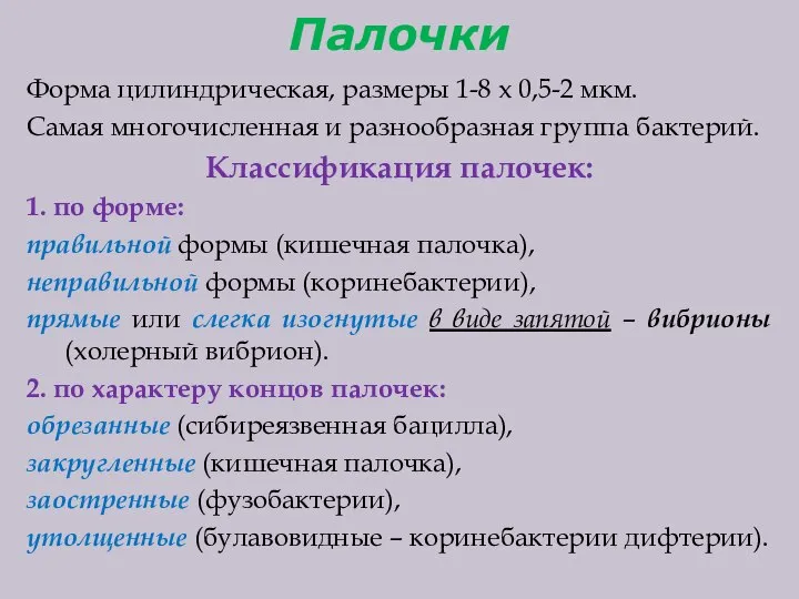 Палочки Форма цилиндрическая, размеры 1-8 х 0,5-2 мкм. Самая многочисленная и разнообразная