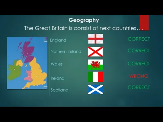 Geography The Great Britain is consist of next countries… Wales England CORRECT