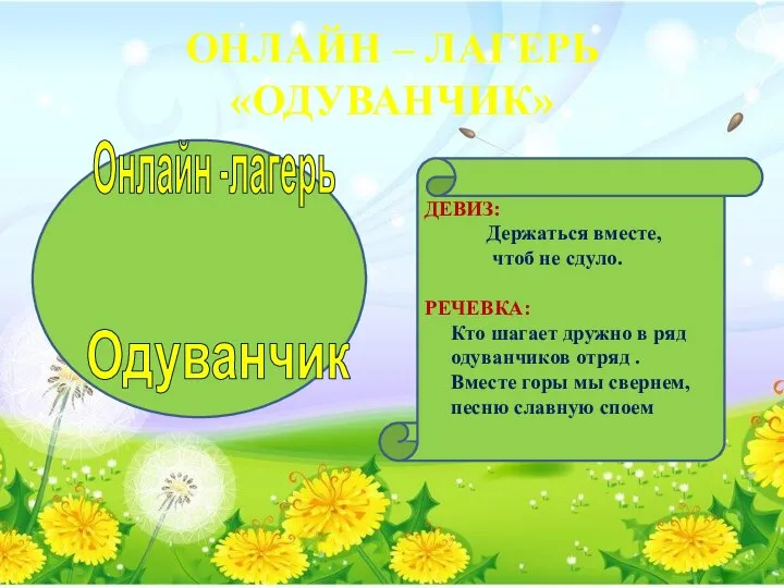 ОНЛАЙН – ЛАГЕРЬ «ОДУВАНЧИК» Онлайн -лагерь Одуванчик ДЕВИЗ: Держаться вместе, чтоб не