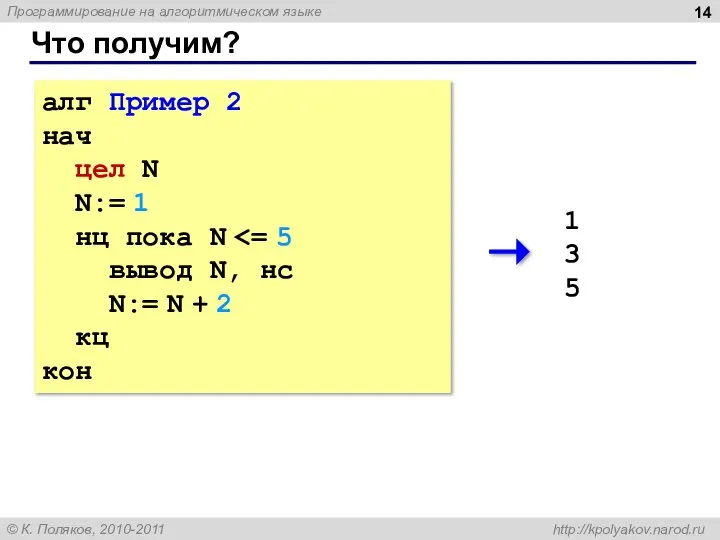 Что получим? алг Пример 2 нач цел N N:= 1 нц пока