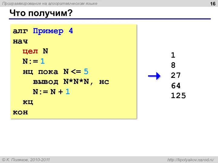 Что получим? алг Пример 4 нач цел N N:= 1 нц пока