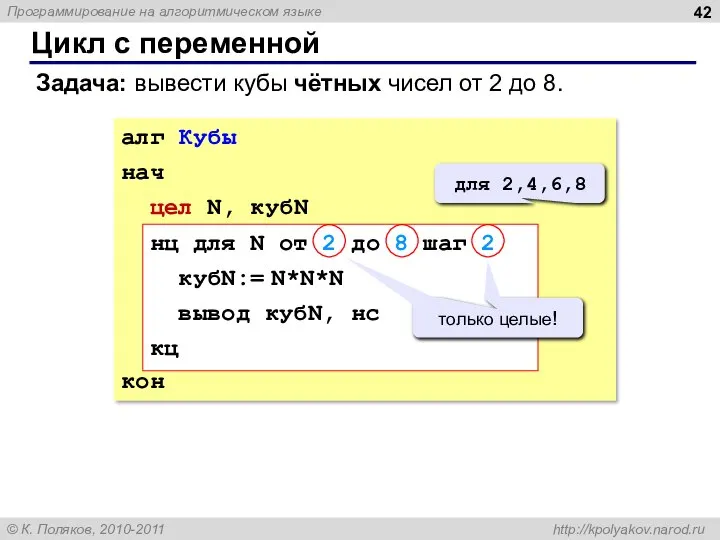 Цикл с переменной Задача: вывести кубы чётных чисел от 2 до 8.