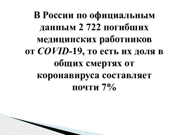 В России по официальным данным 2 722 погибших медицинских работников от COVID-19,