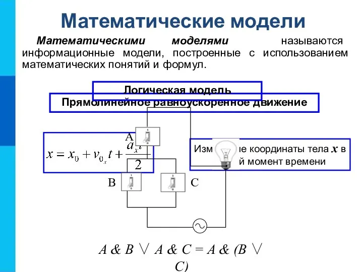 Математические модели Математическими моделями называются информационные модели, построенные с использованием математических понятий