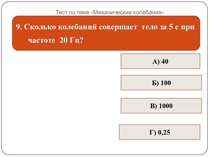 Тест по теме «Механические колебания» 9. Сколько колебаний совершает тело за 5