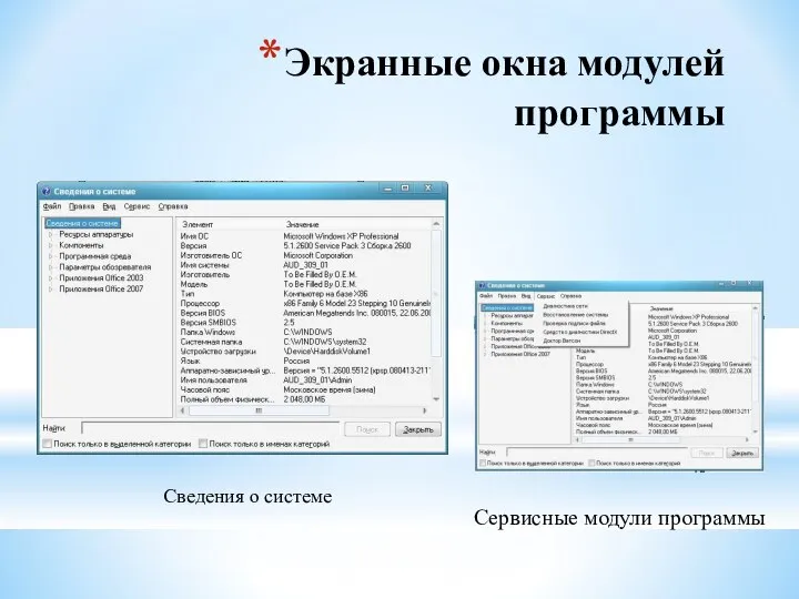 Экранные окна модулей программы Сведения о системе Cервисные модули программы