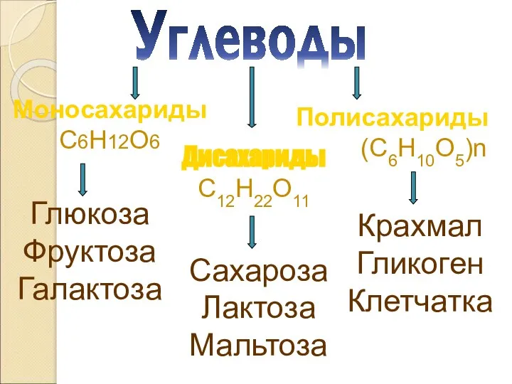 Углеводы Моносахариды С6Н12О6 Дисахариды С12Н22О11 Полисахариды (С6Н10О5)n Глюкоза Фруктоза Галактоза Сахароза Лактоза Мальтоза Крахмал Гликоген Клетчатка