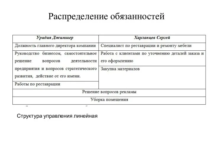 Распределение обязанностей Структура управления линейная