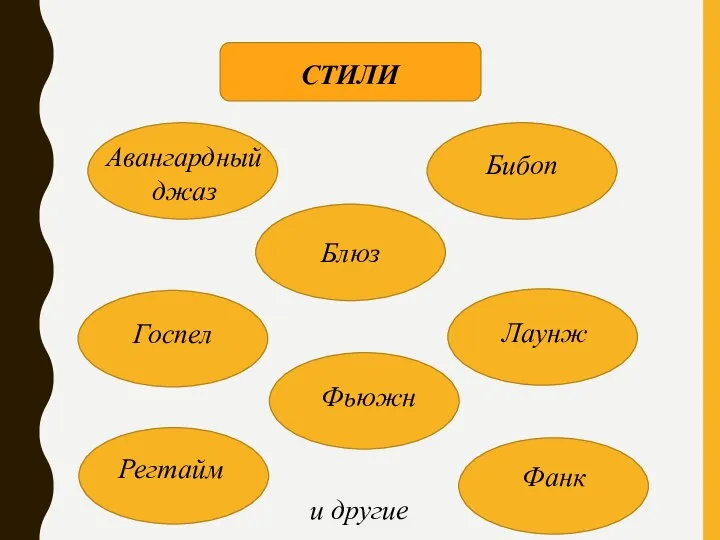 СТИЛИ Авангардный джаз Бибоп Блюз Госпел Лаунж Регтайм Фанк Фьюжн и другие