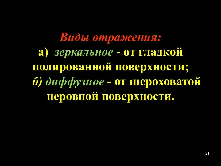 Виды отражения: а) зеркальное - от гладкой полированной поверхности; б) диффузное - от шероховатой неровной поверхности.