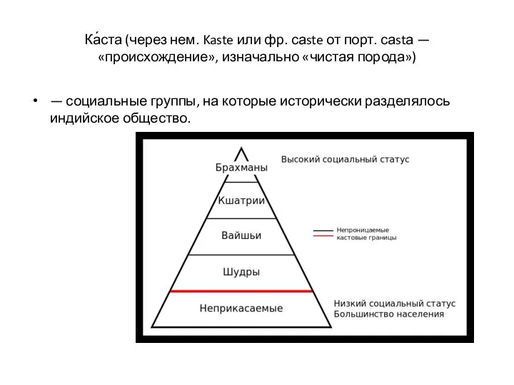 Ка́ста (через нем. Kaste или фр. саste от порт. саstа — «происхождение»,