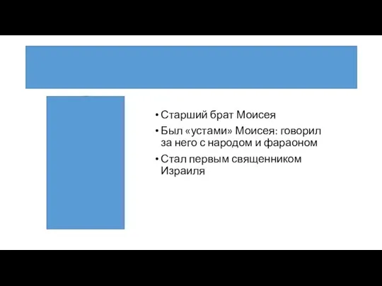 Аарон Старший брат Моисея Был «устами» Моисея: говорил за него с народом