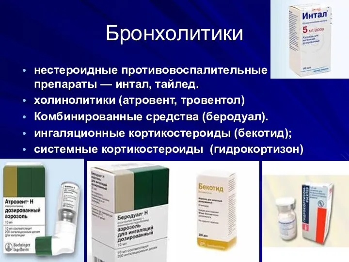 Бронхолитики нестероидные противовоспалительные препараты — интал, тайлед. холинолитики (атровент, тровентол) Комбинированные средства