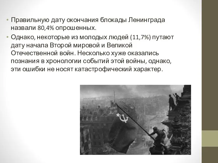 Правильную дату окончания блокады Ленинграда назвали 80,4% опрошенных. Однако, некоторые из молодых