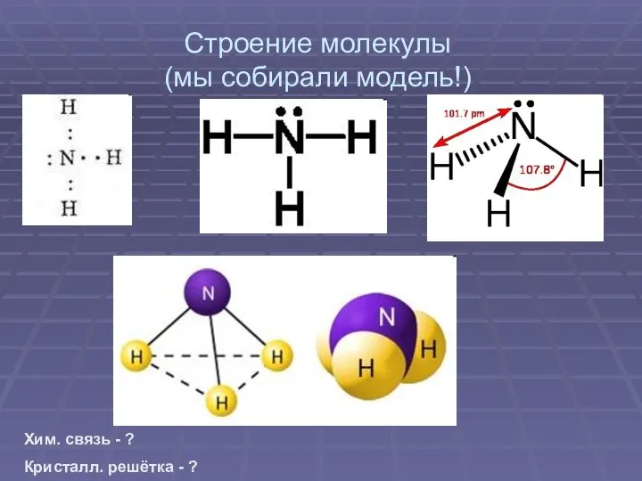 Строение молекулы (мы собирали модель!) Хим. связь - ? Кристалл. решётка - ?