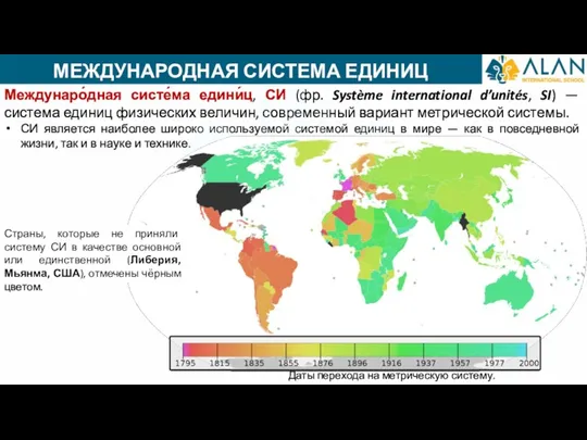 МЕЖДУНАРОДНАЯ СИСТЕМА ЕДИНИЦ Междунаро́дная систе́ма едини́ц, СИ (фр. Système international d’unités, SI)