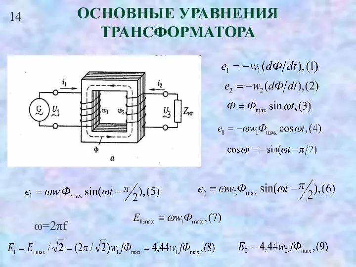 ОСНОВНЫЕ УРАВНЕНИЯ ТРАНСФОРМАТОРА 14 ω=2πf