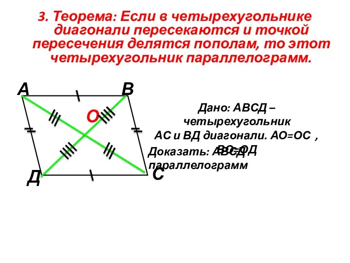 3. Теорема: Если в четырехугольнике диагонали пересекаются и точкой пересечения делятся пополам,