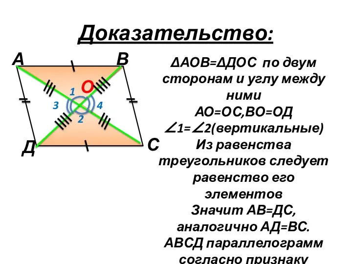 ΔАОВ=ΔДОС по двум сторонам и углу между ними АО=ОС,ВО=ОД ∠1=∠2(вертикальные) Из равенства