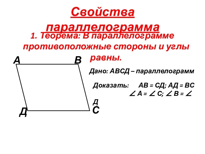Свойства параллелограмма 1. Теорема: В параллелограмме противоположные стороны и углы равны. Дано: