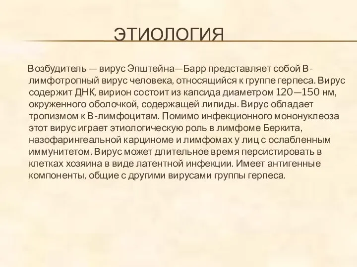 ЭТИОЛОГИЯ Возбудитель — вирус Эпштейна—Барр представляет собой В-лимфотропный вирус человека, относящийся к