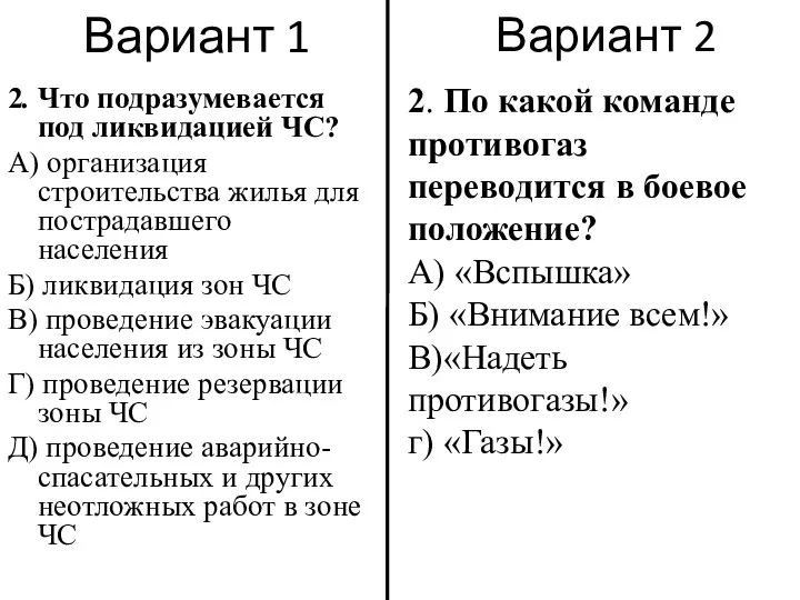 Вариант 1 2. Что подразумевается под ликвидацией ЧС? А) организация строительства жилья