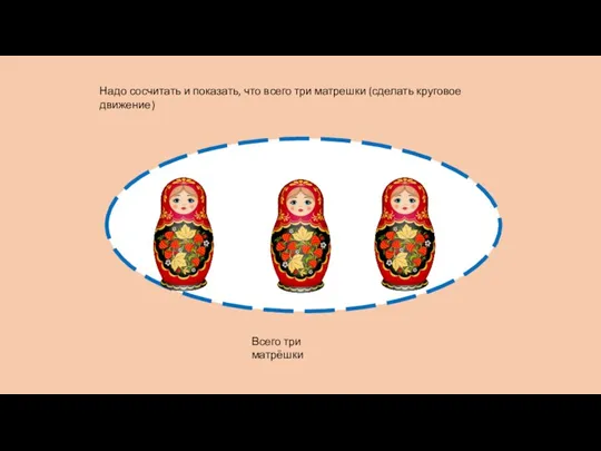 Надо сосчитать и показать, что всего три матрешки (сделать круговое движение) Всего три матрёшки