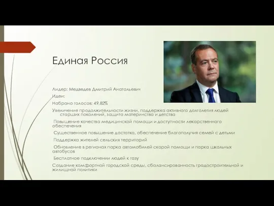 Единая Россия Лидер: Медведев Дмитрий Анатольевич Идеи: Набрано голосов: 49,82% Увеличение продолжительности