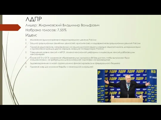 ЛДПР Лидер: Жириновский Владимир Вольфович Набрано голосов: 7,55% Идеи: Изменение административно-территориального деления