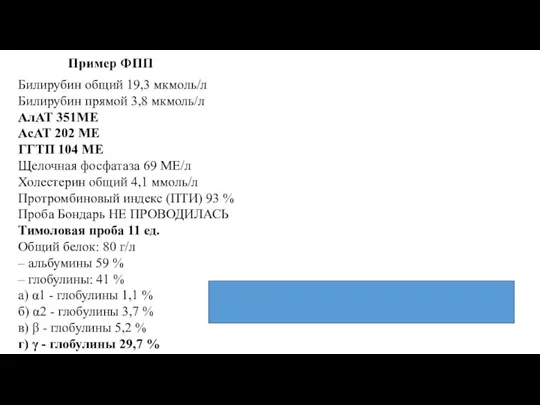 Билирубин общий 19,3 мкмоль/л Билирубин прямой 3,8 мкмоль/л АлАТ 351МЕ АсАТ 202