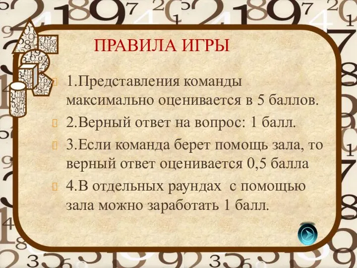 ПРАВИЛА ИГРЫ 1.Представления команды максимально оценивается в 5 баллов. 2.Верный ответ на