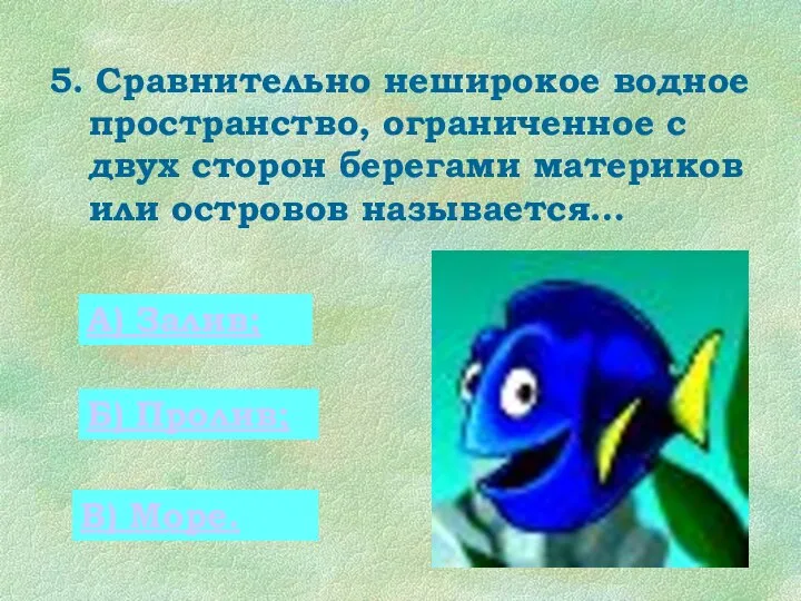 5. Сравнительно неширокое водное пространство, ограниченное с двух сторон берегами материков или