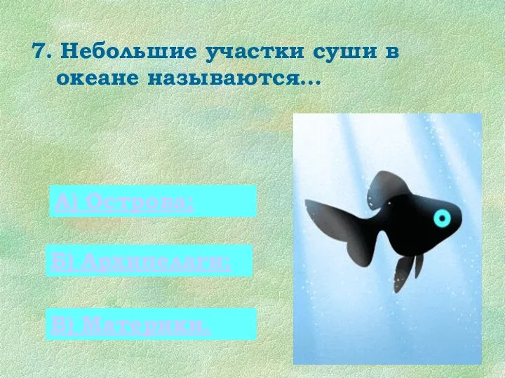 7. Небольшие участки суши в океане называются… 0 А) Острова; Б) Архипелаги; В) Материки.