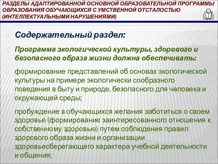 РАЗДЕЛЫ АДАПТИРОВАННОЙ ОСНОВНОЙ ОБРАЗОВАТЕЛЬНОЙ ПРОГРАММЫ ОБРАЗОВАНИЯ ОБУЧАЮЩИХСЯ С УМСТВЕННОЙ ОТСТАЛОСТЬЮ (ИНТЕЛЛЕКТУАЛЬНЫМИ НАРУШЕНИЯМИ)