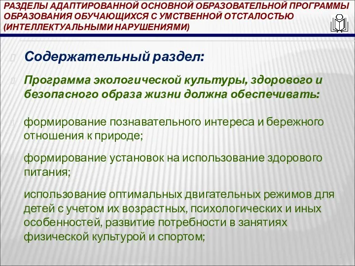 РАЗДЕЛЫ АДАПТИРОВАННОЙ ОСНОВНОЙ ОБРАЗОВАТЕЛЬНОЙ ПРОГРАММЫ ОБРАЗОВАНИЯ ОБУЧАЮЩИХСЯ С УМСТВЕННОЙ ОТСТАЛОСТЬЮ (ИНТЕЛЛЕКТУАЛЬНЫМИ НАРУШЕНИЯМИ)